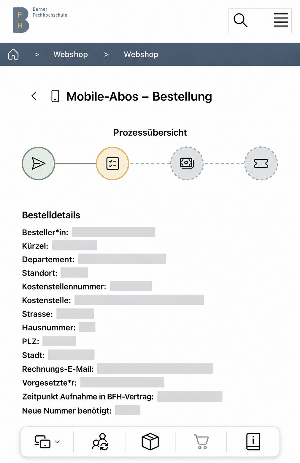 Anonymisierte Bestelldetails mit Prozessübersicht im BFH Webshop