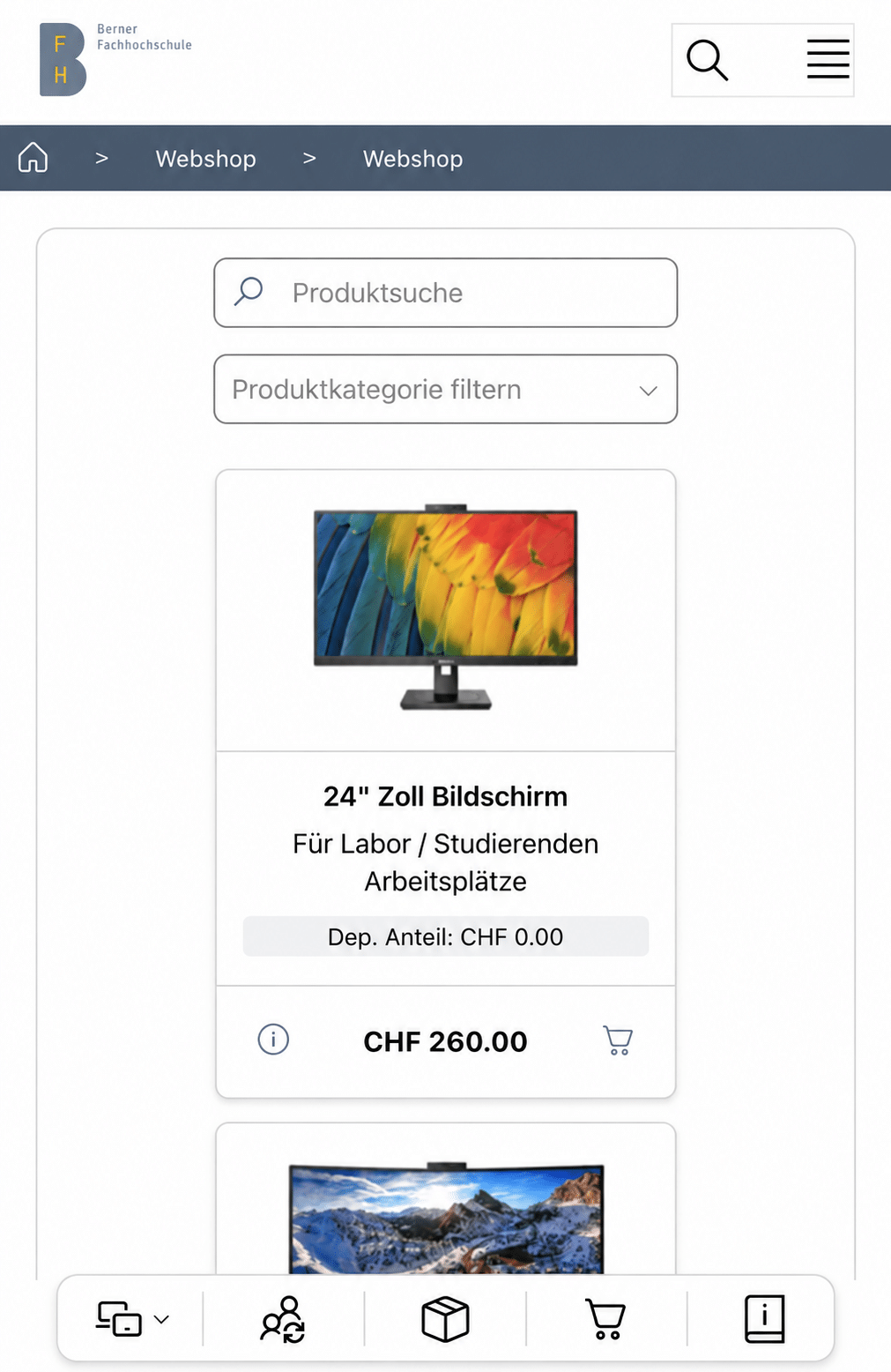 Produktauswahl im BFH Webshop auf dem Smartphone